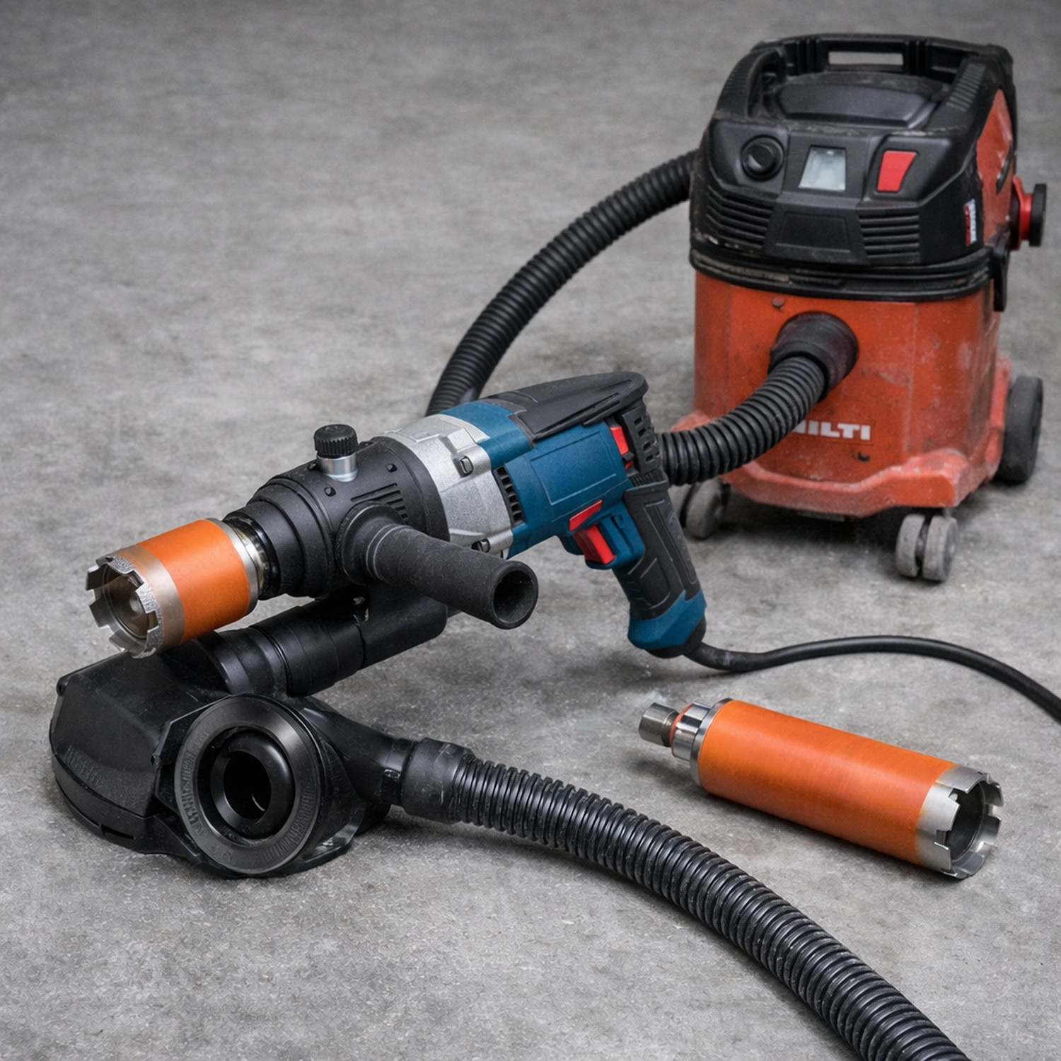 Комплект для алмазного сверления: дрель с микроударом, коронка и оснастка